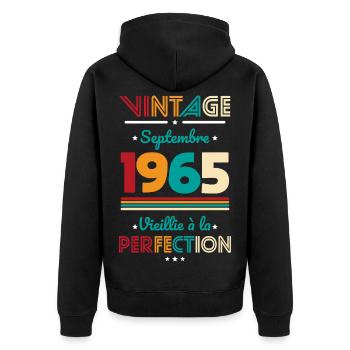 Anniversaire 60 ans - Vintage - Septembre 1965 - Veste à capuche bio Premium Unisexe - noir - Dos - Nico (187cm)