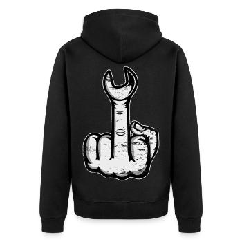 Mittelfinger Stinkefinger Schraubschlüssel - Unisex Premium Bio Zip Hoodie - Schwarz - Hinten - Nico (187cm)
