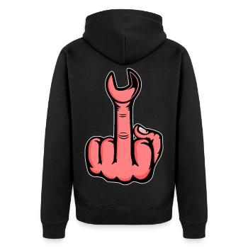 Mittelfinger Stinkefinger Schraubschlüssel Design - Unisex Premium Bio Zip Hoodie - Schwarz - Hinten - Nico (187cm)