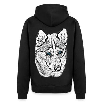 Wolfskopf Zeichnung Blaue Augen - Unisex Premium Bio Zip Hoodie - Schwarz - Hinten - Nico (187cm)