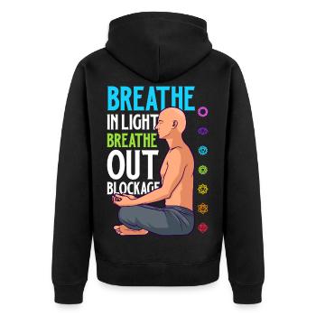 Chakra Atmung - Blockaden lösen - Unisex Premium Bio Zip Hoodie - Schwarz - Hinten - Nico (187cm)