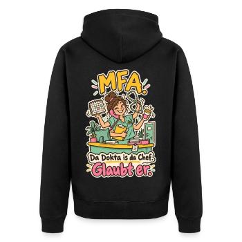 MFA Da Dokta is da Chef - Unisex Premium Bio Zip Hoodie - Schwarz - Hinten - Nico (187cm)