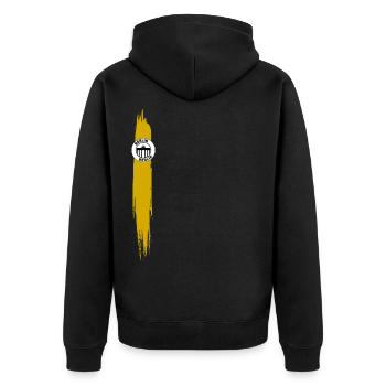 Streifen von Berlin Gelb - Unisex Premium Bio Zip Hoodie - Schwarz - Hinten - Nico (187cm)