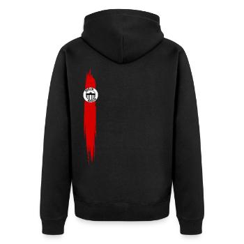 Streifen von Berlin Rot - Unisex Premium Bio Zip Hoodie - Schwarz - Hinten - Nico (187cm)