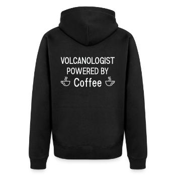 Volcanologist powered by Coffee Volcanology - Unisex Premium Bio Zip Hoodie - Schwarz - Hinten - Nico (187cm)