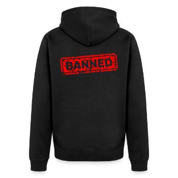 Verboten, gebannt, verstoßen, geächtet - Unisex Premium Bio Zip Hoodie - Schwarz - Hinten - Nico (187cm)