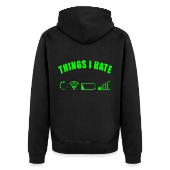 THINGS I HATE GESCHENK DIGITAL INTERNET NETZ AKKU - Unisex Premium Bio Zip Hoodie - Schwarz - Hinten - Nico (187cm)