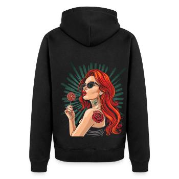 Rote Haare Rockabilly Pin Up Girl 50s - Unisex Premium Bio Zip Hoodie - Schwarz - Hinten - Nico (187cm)