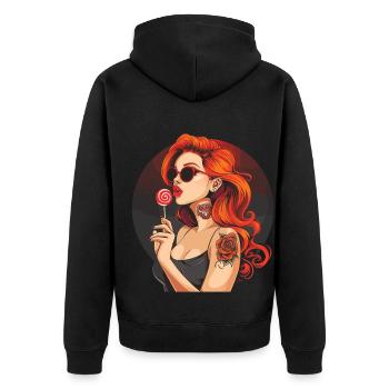 Rote Haare Rockabilly Pin Up Girl 50s - Unisex Premium Bio Zip Hoodie - Schwarz - Hinten - Nico (187cm)
