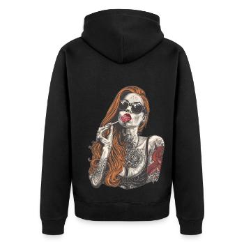 Rote Haare Rockabilly Pin Up Girl 50s - Unisex Premium Bio Zip Hoodie - Schwarz - Hinten - Nico (187cm)
