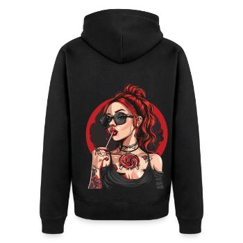 Rote Haare Rockabilly Pin Up Girl 50s - Unisex Premium Bio Zip Hoodie - Schwarz - Hinten - Nico (187cm)