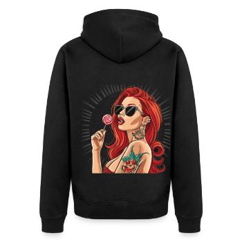 Rote Haare Rockabilly Pin Up Girl 50s - Unisex Premium Bio Zip Hoodie - Schwarz - Hinten - Nico (187cm)