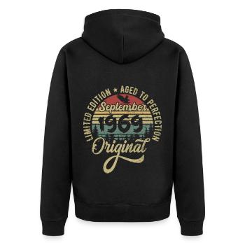 56e anniversaire Septembre 1969 - 56 ans - Veste à capuche bio Premium Unisexe - noir - Dos - Nico (187cm)