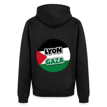 Drapeau de la Palestine rond avec texte LYON GAZA - Veste à capuche bio Premium Unisexe - noir - Dos - Nico (187cm)