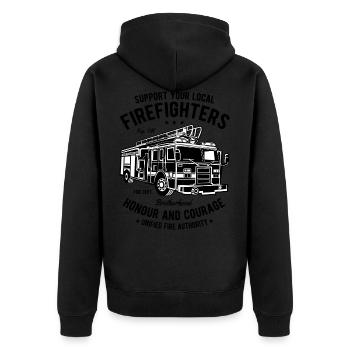 FIRE FIGHTERS TRUCK - Feuerwehr Truck Shirt Motiv - Unisex Premium Bio Zip Hoodie - Schwarz - Hinten - Nico (187cm)