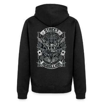 STREET REBELLION - Biker & Motorrad Shirt Geschenk - Unisex Premium Bio Zip Hoodie - Schwarz - Hinten - Nico (187cm)