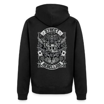BIKER REBELLION - Biker & Motorcycle Shirt Gift - Unisex Premium Organic Zip Hoodie - black - Back - Nico (187cm)