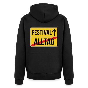Festival Ortsschild - Alltag verlassen - Unisex Premium Bio Zip Hoodie - Schwarz - Hinten - Nico (187cm)