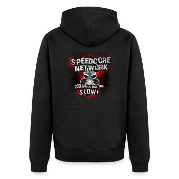 Speedcore Network Kleidung und Zubehör - Unisex Premium Bio Zip Hoodie - Schwarz - Hinten - Nico (187cm)