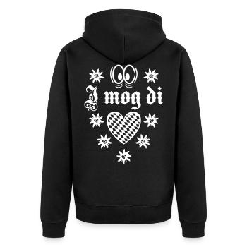 69 I mog Di lustig Augen Rauten Herz Guckst Du - Unisex Premium Bio Zip Hoodie - Schwarz - Hinten - Nico (187cm)