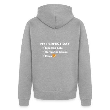 Perfekter Tag: Ausschlafen, Computerspiele, Pizza - Unisex Premium Bio Zip Hoodie - Grau meliert - Hinten - Nico (187cm)