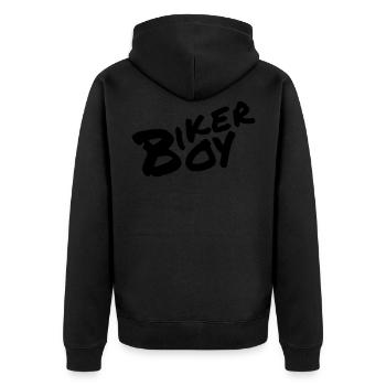 Biker Boy Schrift, Schriftzug , Geschenkidee - Unisex Premium Bio Zip Hoodie - Schwarz - Hinten - Nico (187cm)