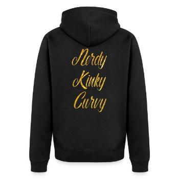 nerdy kinky curvy Freundin Mollig Übergewicht BBW - Unisex Premium Bio Zip Hoodie - Schwarz - Hinten - Nico (187cm)