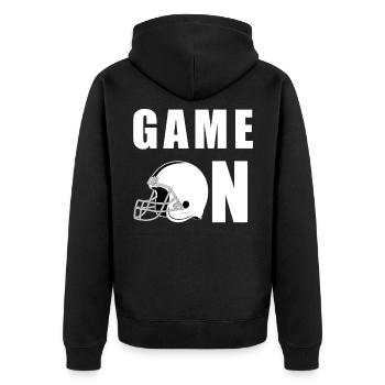 Game On Helm American Football Design - Unisex Premium Bio Zip Hoodie - Schwarz - Hinten - Nico (187cm)