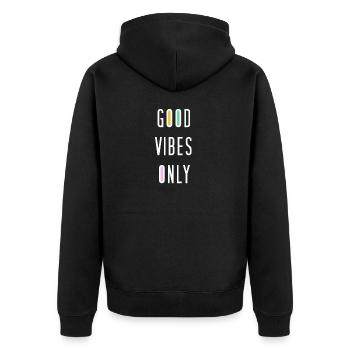 GOOD VIBES ONLY.Motivation - Unisex Premium Bio Zip Hoodie - Schwarz - Hinten - Nico (187cm)