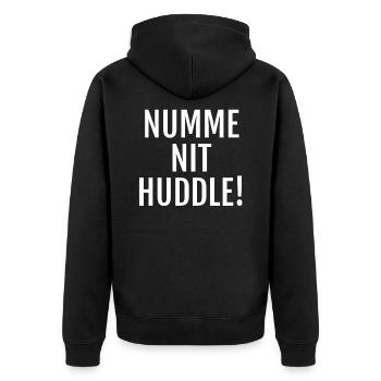 Cooler Schriftzug auf Alemannisch: Nit huddle! - Unisex Premium Bio Zip Hoodie - Schwarz - Hinten - Nico (187cm)