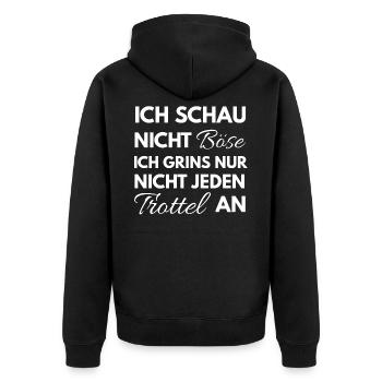 Lustige Sprüche Shirt • Ich schau nicht böse - Unisex Premium Bio Zip Hoodie - Schwarz - Hinten - Nico (187cm)