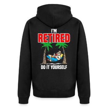 I AM RETIRED DO IT YOURSELF Rentner Rentnerin - Unisex Premium Bio Zip Hoodie - Schwarz - Hinten - Nico (187cm)