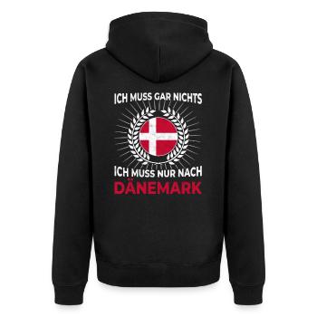 Ich Muss Gar Nichts - Ich Muss Nur Nach Dänemark - Unisex Premium Bio Zip Hoodie - Schwarz - Hinten - Nico (187cm)