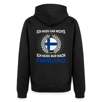 Ich muss gar nichts - Ich muss nur nach Finnland - Unisex Premium Bio Zip Hoodie - Schwarz - Hinten - Nico (187cm)