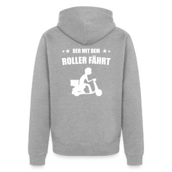 Der mit dem Roller fährt Rollerfahrer - Unisex Premium Bio Zip Hoodie - Grau meliert - Hinten - Nico (187cm)