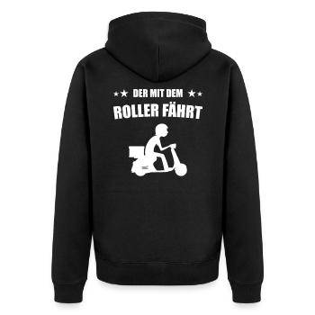 Der mit dem Roller fährt Rollerfahrer - Unisex Premium Bio Zip Hoodie - Schwarz - Hinten - Nico (187cm)