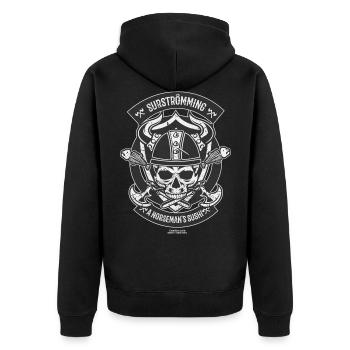 Surströmming T Shirt Norseman's Sushi - Unisex Premium Organic Zip Hoodie - black - Back - Nico (187cm)