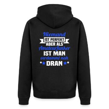 Amateurfunker Hobbyfunker Funkturm Spruch - Unisex Premium Bio Zip Hoodie - Schwarz - Hinten - Nico (187cm)