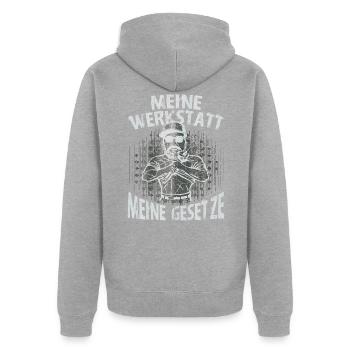 Meine Werkstatt Meine Gesetze - Unisex Premium Bio Zip Hoodie - Grau meliert - Hinten - Nico (187cm)