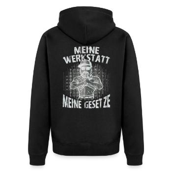 Meine Werkstatt Meine Gesetze - Unisex Premium Bio Zip Hoodie - Schwarz - Hinten - Nico (187cm)