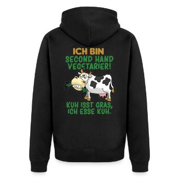 SECOND HAND VEGETARIER FLEISCHESSER HUMOR - Unisex Premium Bio Zip Hoodie - Schwarz - Hinten - Nico (187cm)