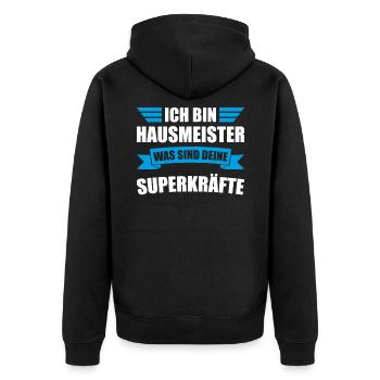 Ich bin Hausmeister deine Superkräfte - Unisex Premium Bio Zip Hoodie - Schwarz - Hinten - Nico (187cm)