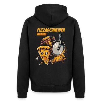 Lustiges Pizza Shirt | Pizzaschneider | Pizza Fan - Unisex Premium Bio Zip Hoodie - Schwarz - Hinten - Nico (187cm)