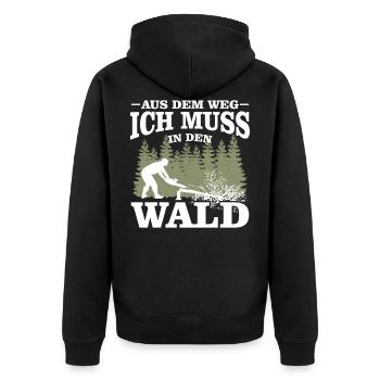 Aus dem Weg ich muss in den Wald-Holzfäller Spruch - Unisex Premium Bio Zip Hoodie - Schwarz - Hinten - Nico (187cm)