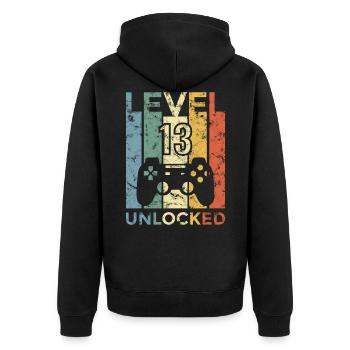 Geburtstag 13. Level Geboren 2007 Gamer Geschenk - Unisex Premium Bio Zip Hoodie - Schwarz - Hinten - Nico (187cm)
