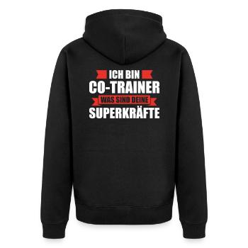 Co-Trainer was sind deine Superkräfte - Unisex Premium Bio Zip Hoodie - Schwarz - Hinten - Nico (187cm)