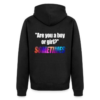 are you a boy or girl sometimes.. - Unisex Premium Bio Zip Hoodie - Schwarz - Hinten - Nico (187cm)