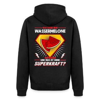 Ich habe eine Wassermelone getragen - Superkraft - Unisex Premium Bio Zip Hoodie - Schwarz - Hinten - Nico (187cm)