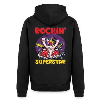 Humour de batteur de licorne rocker ROCKIN SUPERSTAR - Veste à capuche bio Premium Unisexe - noir - Dos - Nico (187cm)