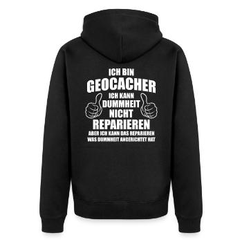 Ich bin Geocacher kann Dummheit - Unisex Premium Bio Zip Hoodie - Schwarz - Hinten - Nico (187cm)